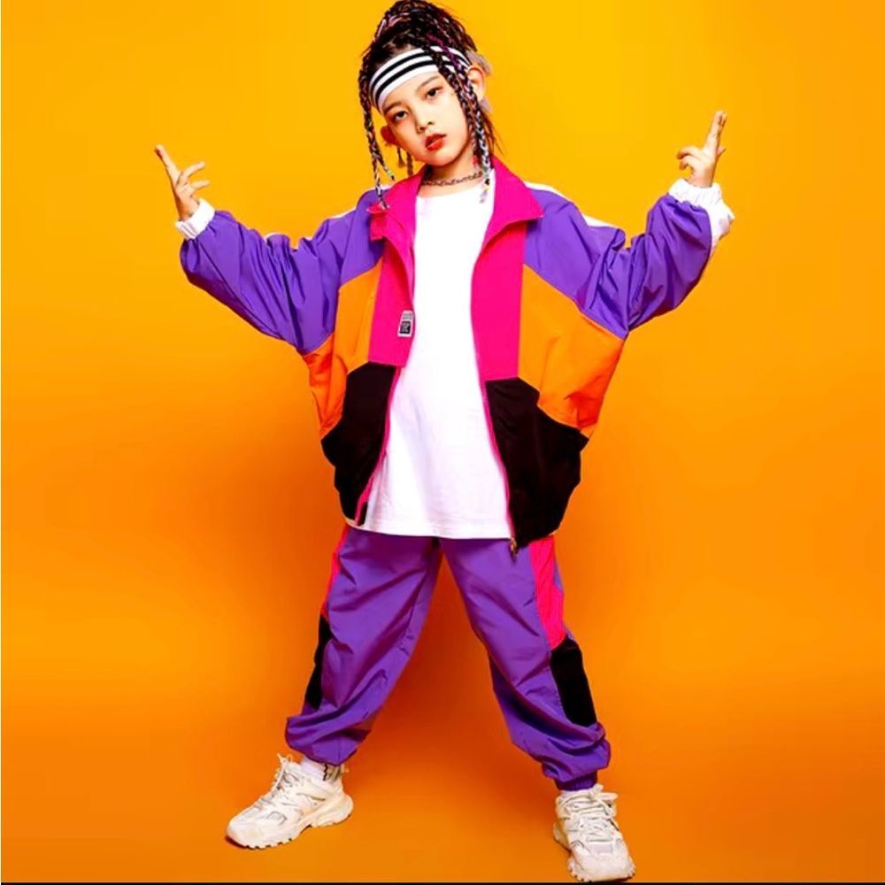 Kids Purple Dance Tracksuit 6Y Colorblock Hip Hop Windbreaker Jogger Set Y2K 120